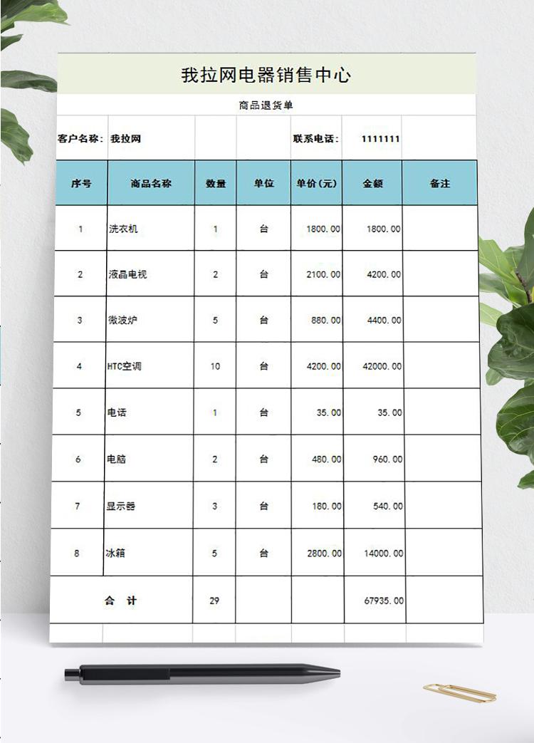 电器商品退货单