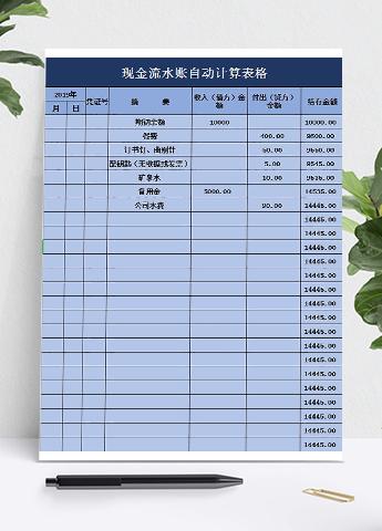 藍色現金流水賬自動計算表格模板