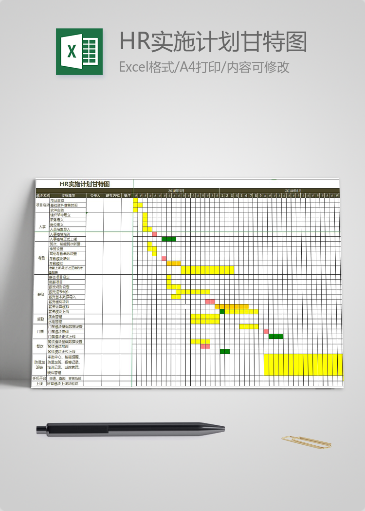 黄绿橙系HR实施计划甘特图模板