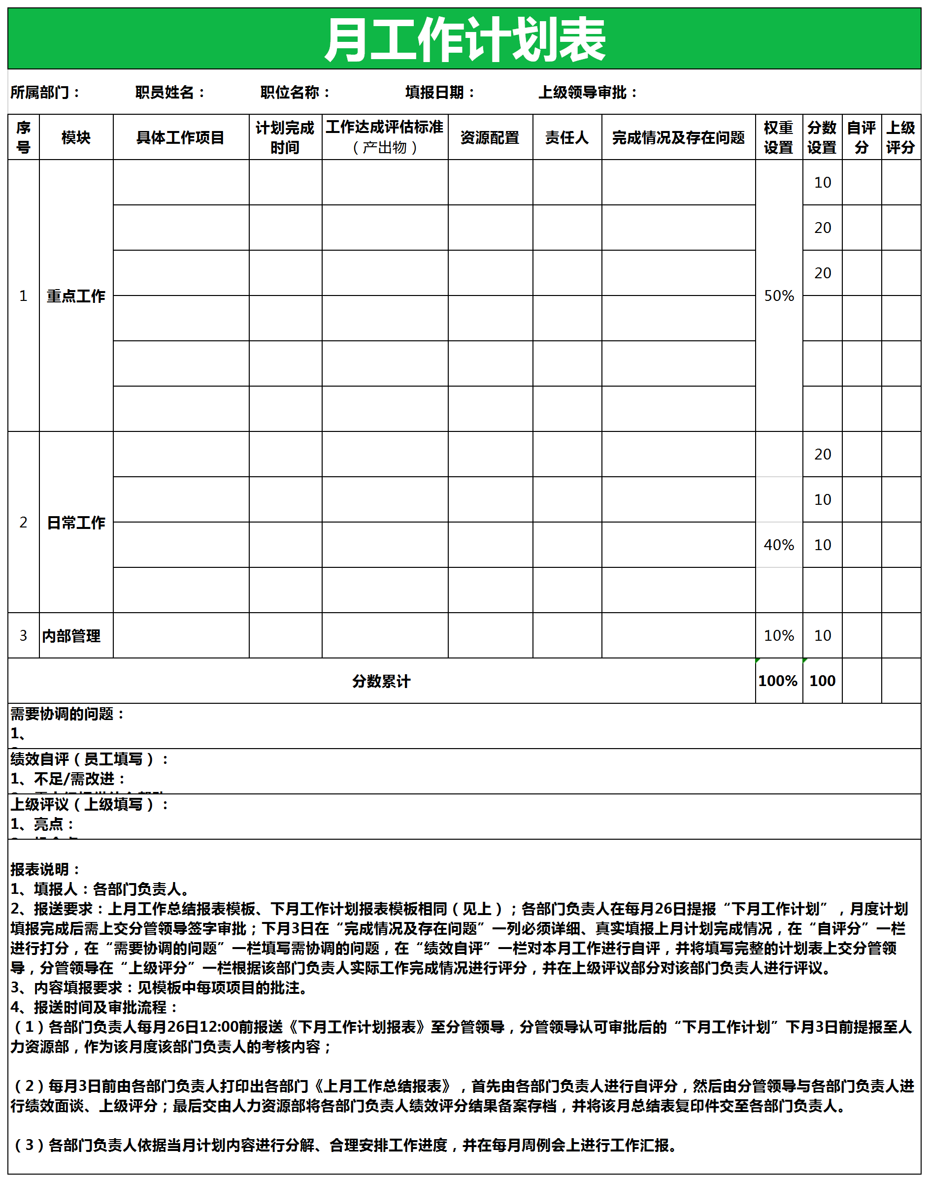 月工作计划总结汇报表excel模板