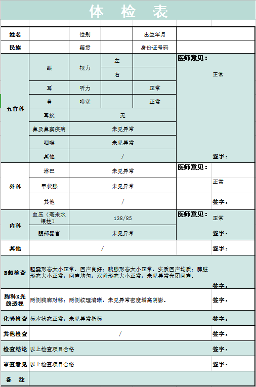 体检表格excel模板