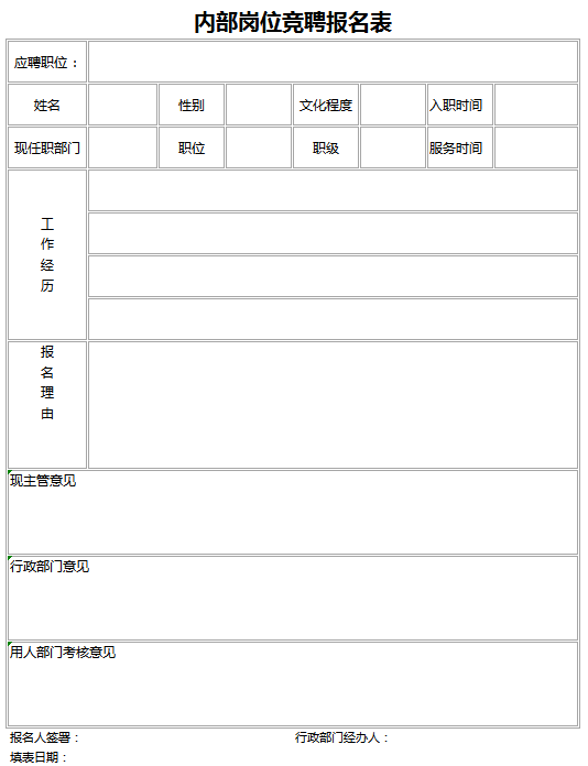 内部岗位竞聘报名表excel模板