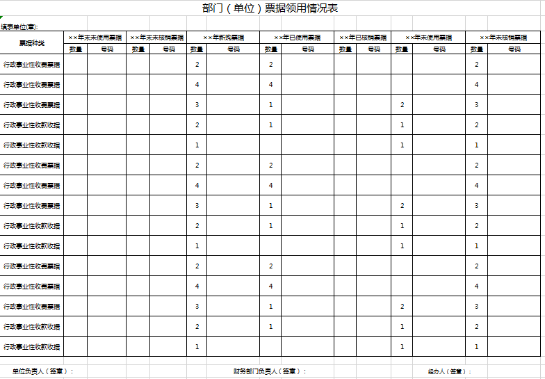 部门票据领用情况表excel模板