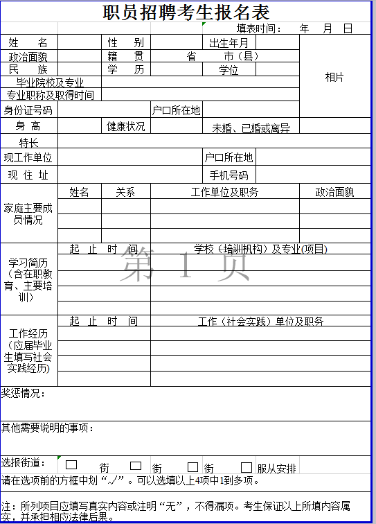 职员招聘考生报名表excel模板