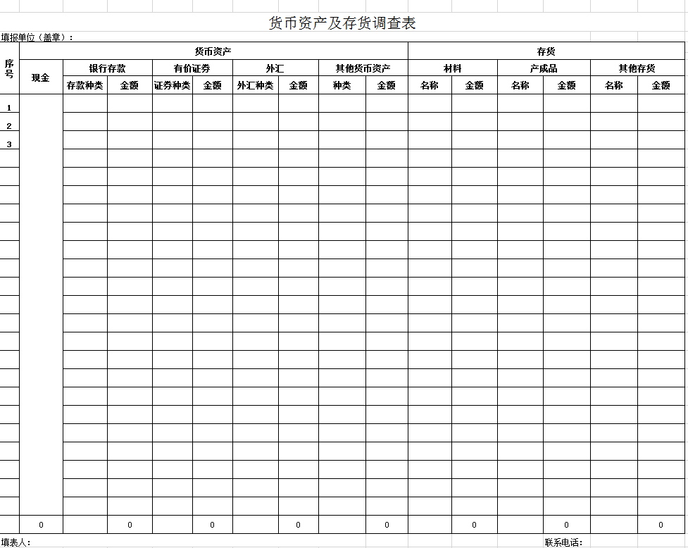 货币资产及存货调查表excel模板