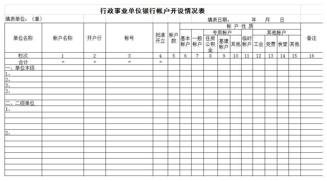 银行帐户开设情况表excel模板