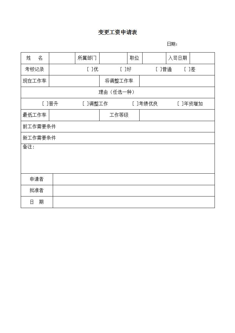 变更工资申请表word模板