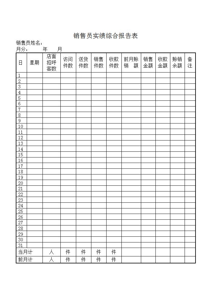 销售员实绩综合报告表Word模板