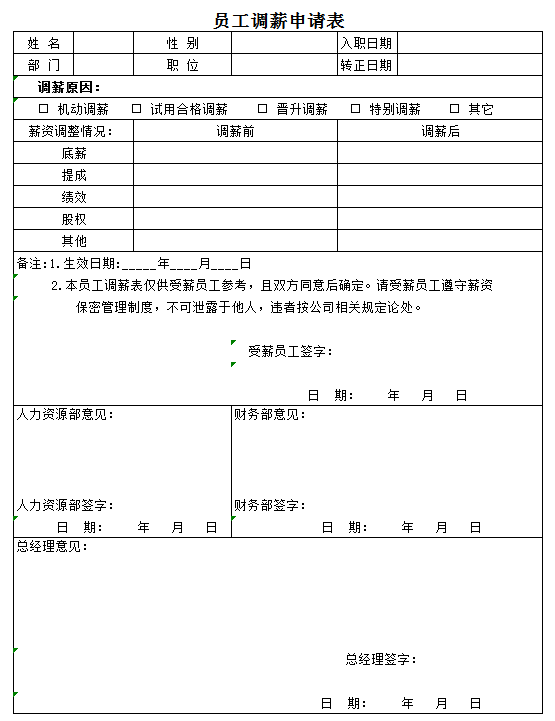 员工调薪申请表excel模板