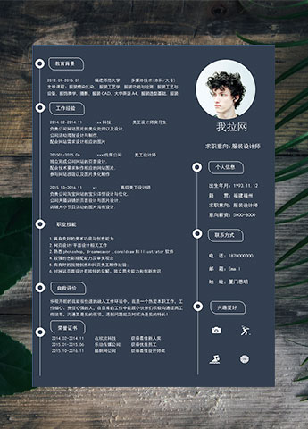 藏青色简约风高级美工服装设计师简历模板
