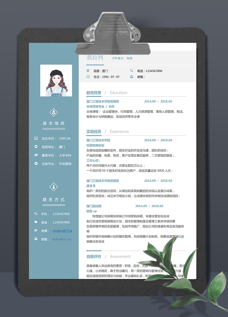 天蓝色销售vp个人简历模板